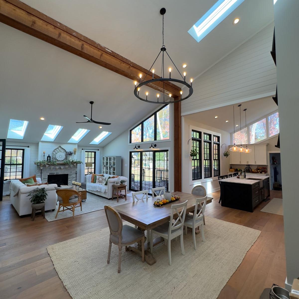 Great room lighting and electrical - vaulted ceiling with skylights and chandelier
